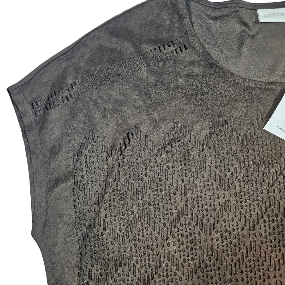 Chicos Chocolate Brown Ultra Suede Coquette Top Size 2 US 12 Large Sheer Blouse - Picture 8 of 12